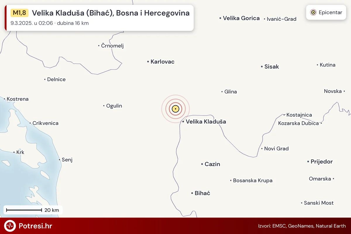 Karta: šire područje i vjerojatni doseg osjeta, potres M1,8, Velika Kladuša (Bihać), Bosna i Hercegovina, 9.3.2025.