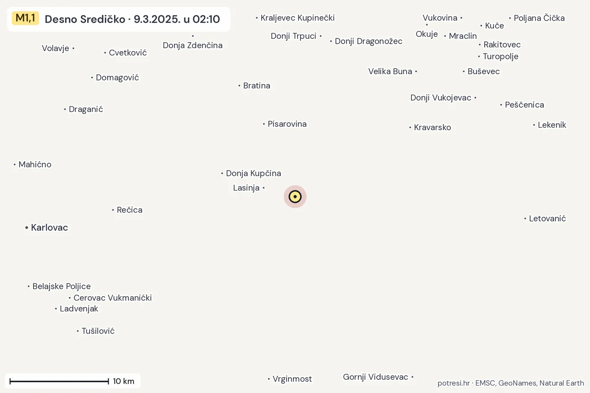 Karta: okolica epicentra, 60 km, potres M1,1, Desno Sredičko, 9.3.2025.