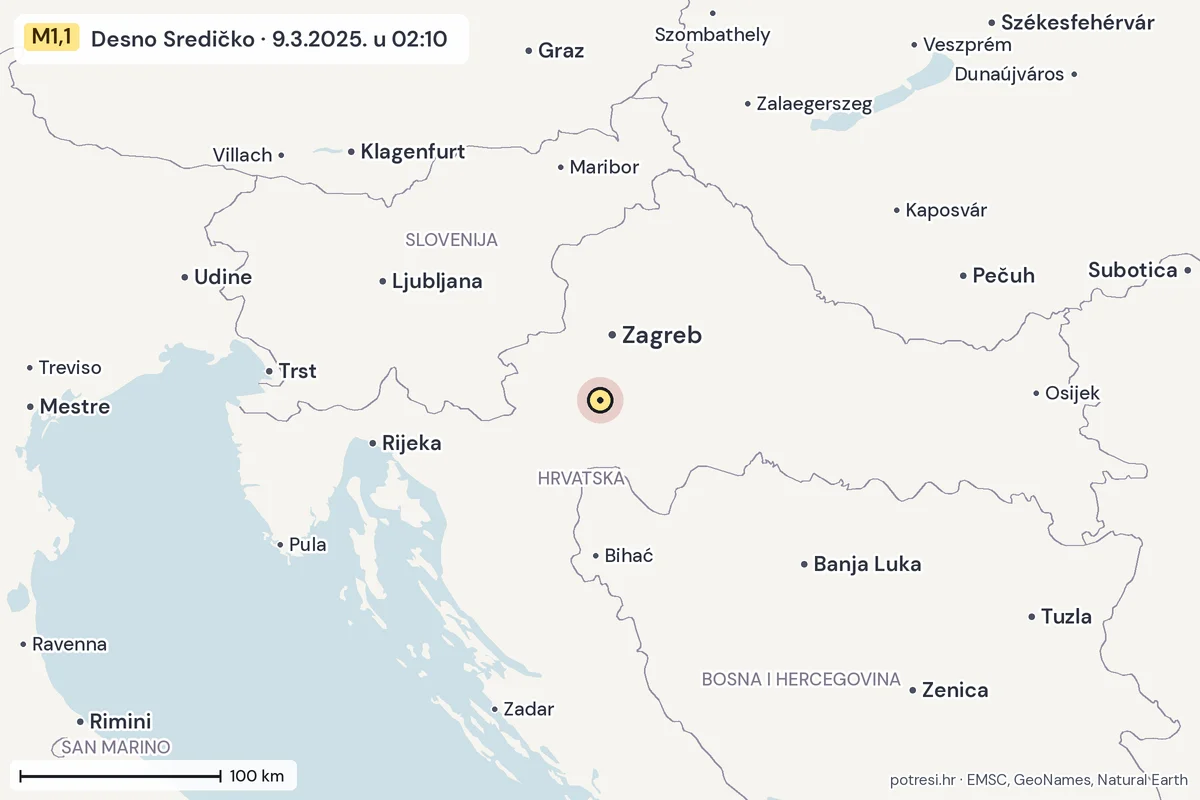 Karta: šire područje, 600 km, potres M1,1, Desno Sredičko, 9.3.2025.