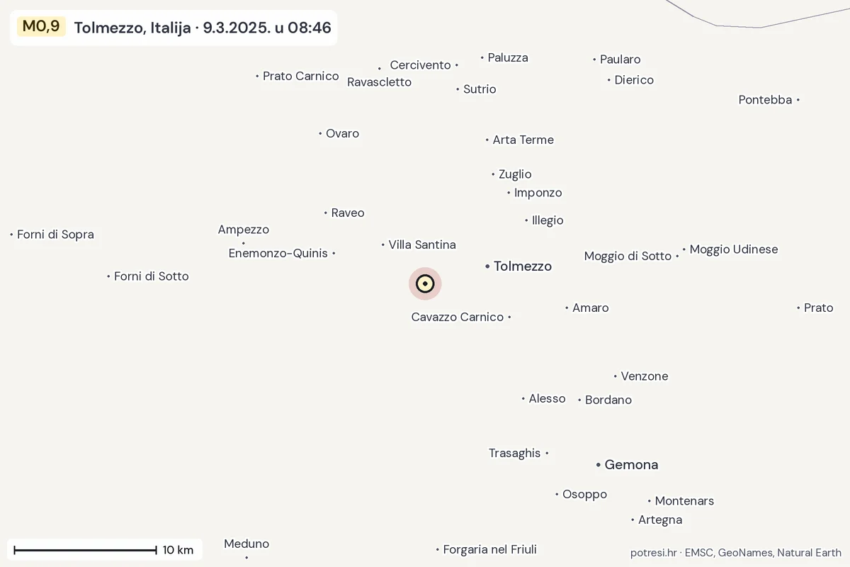 Karta: okolica epicentra, 60 km, potres M0,9, Tolmezzo, Italija, 9.3.2025.