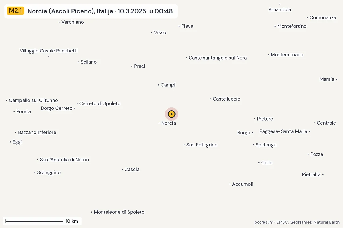 Karta: okolica epicentra, 60 km, potres M2,1, Norcia (Ascoli Piceno), Italija, 10.3.2025.