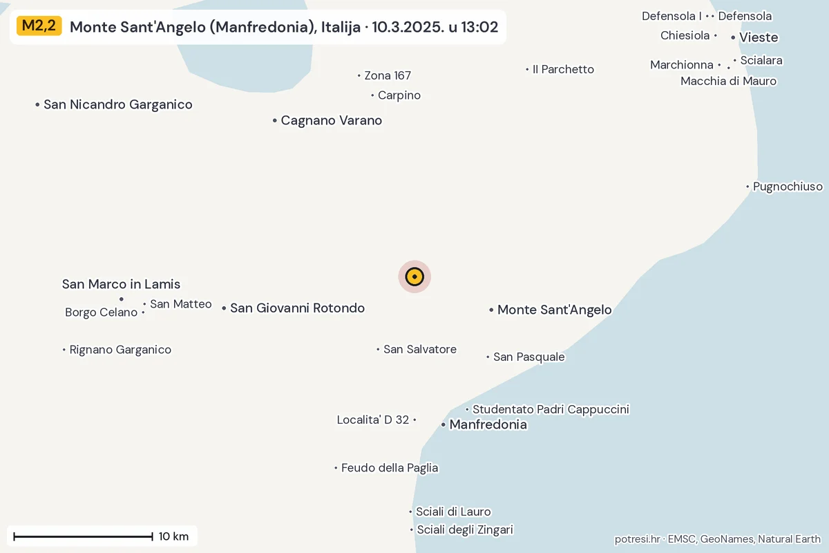 Karta: okolica epicentra, 60 km, potres M2,2, Monte Sant'Angelo (Manfredonia), Italija, 10.3.2025.