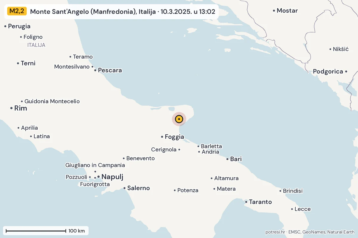Karta: šire područje, 600 km, potres M2,2, Monte Sant'Angelo (Manfredonia), Italija, 10.3.2025.