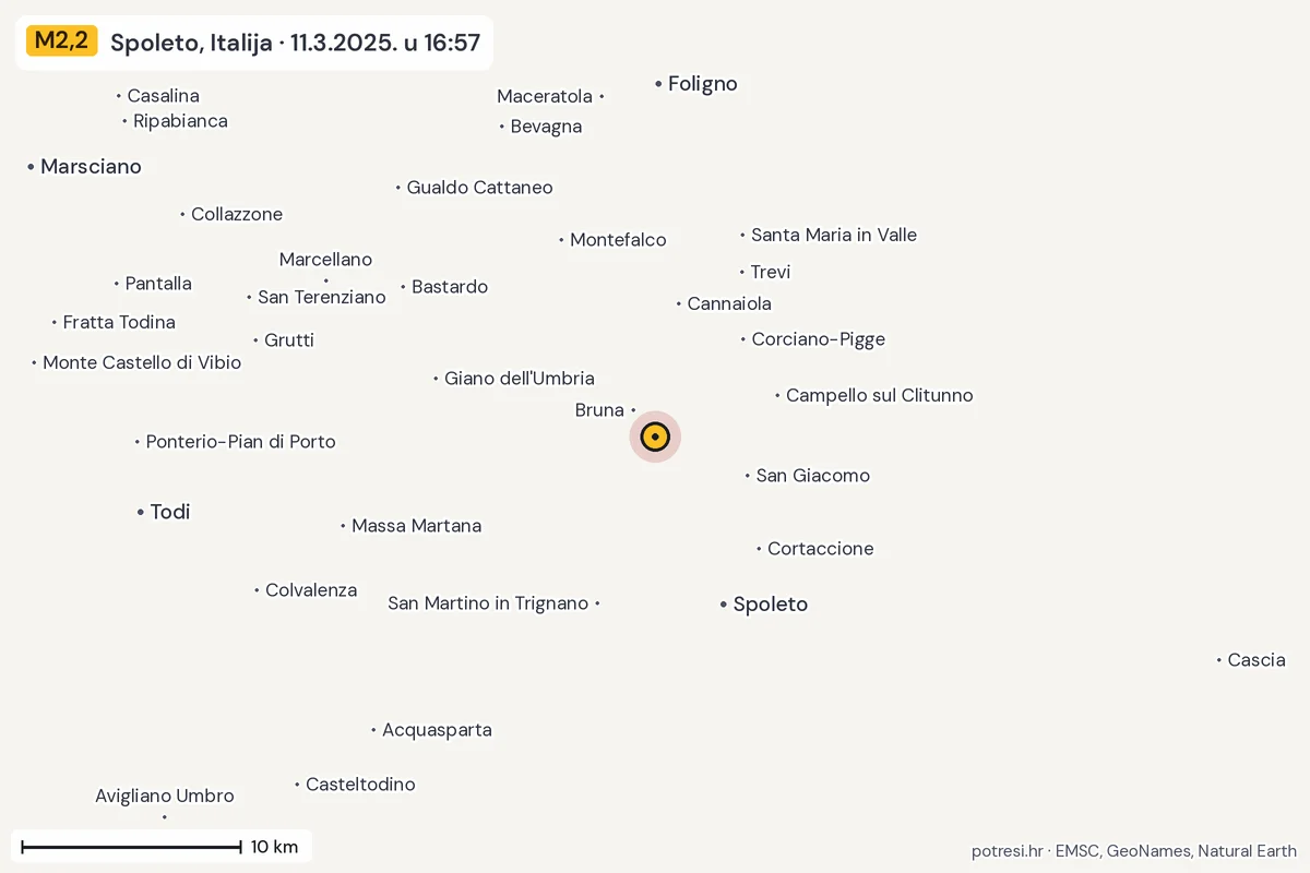 Karta: okolica epicentra, 60 km, potres M2,2, Spoleto, Italija, 11.3.2025.