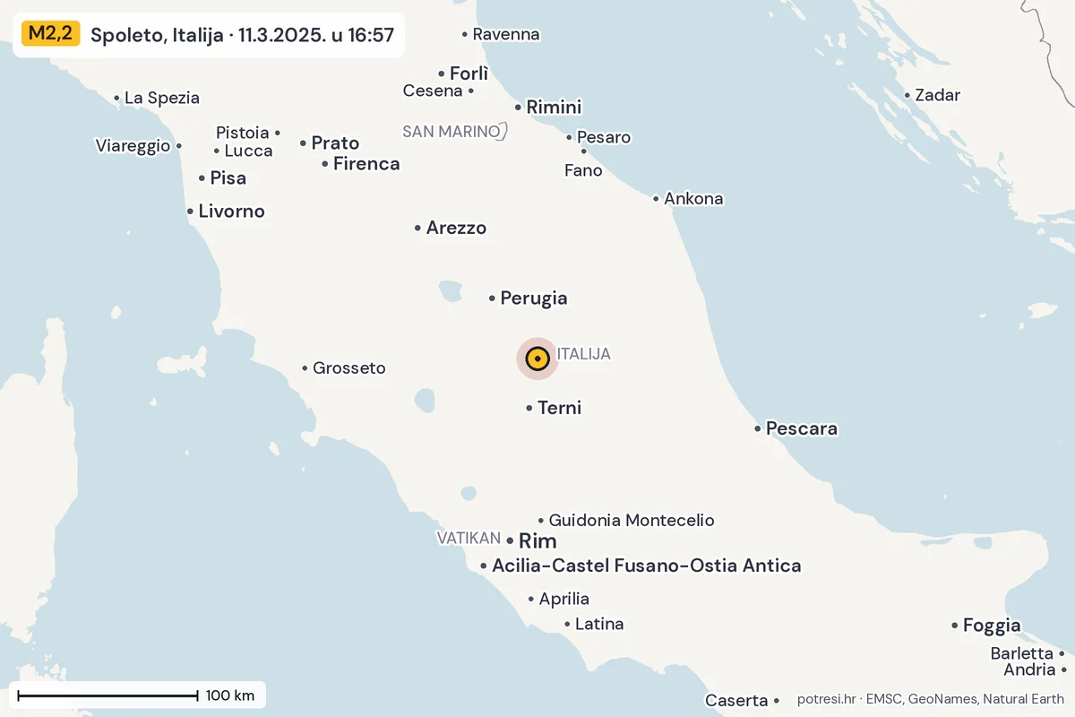 Karta: šire područje, 600 km, potres M2,2, Spoleto, Italija, 11.3.2025.