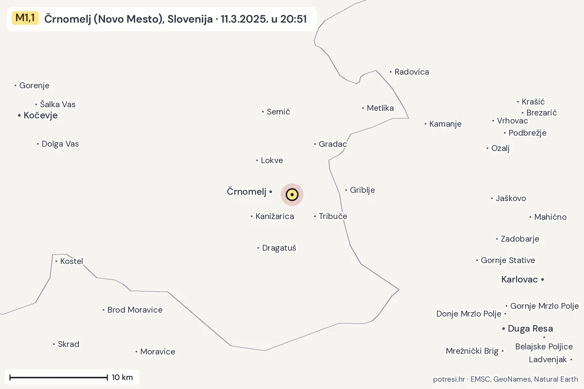 Karta: okolica epicentra, 60 km, potres M1,1, Črnomelj (Novo Mesto), Slovenija, 11.3.2025.