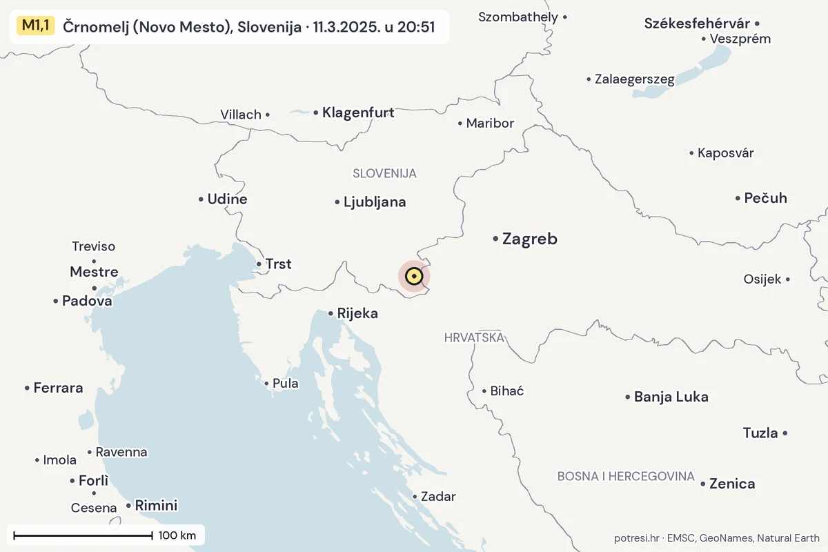 Karta: šire područje, 600 km, potres M1,1, Črnomelj (Novo Mesto), Slovenija, 11.3.2025.