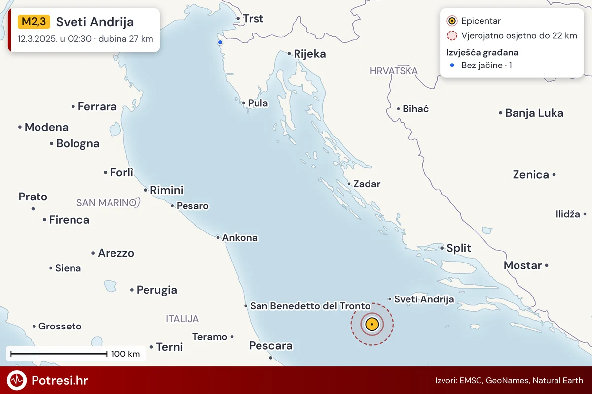 Karta: izvješća građana po jačini, potres M2,3, Sveti Andrija, 12.3.2025.