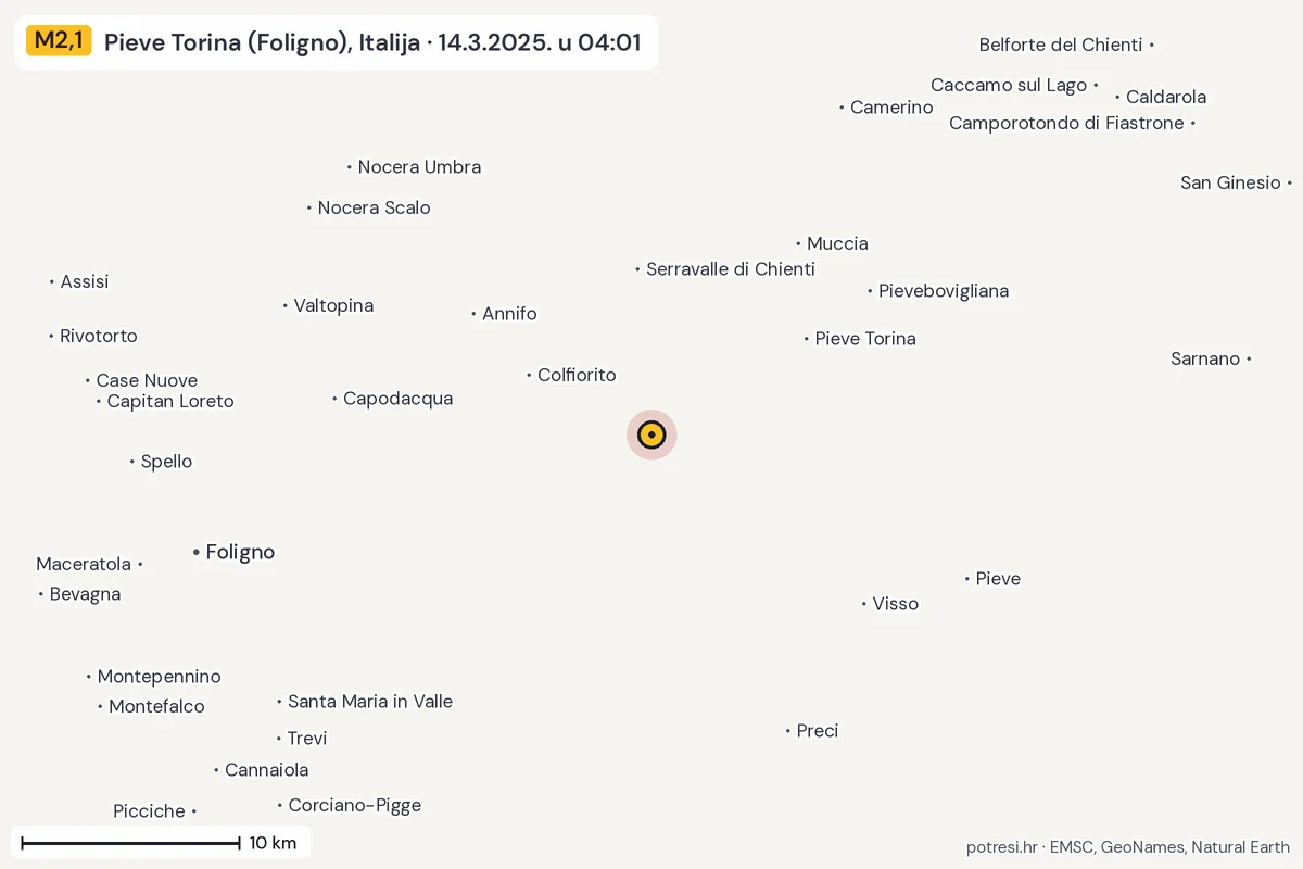 Karta: okolica epicentra, 60 km, potres M2,1, Pieve Torina (Foligno), Italija, 14.3.2025.