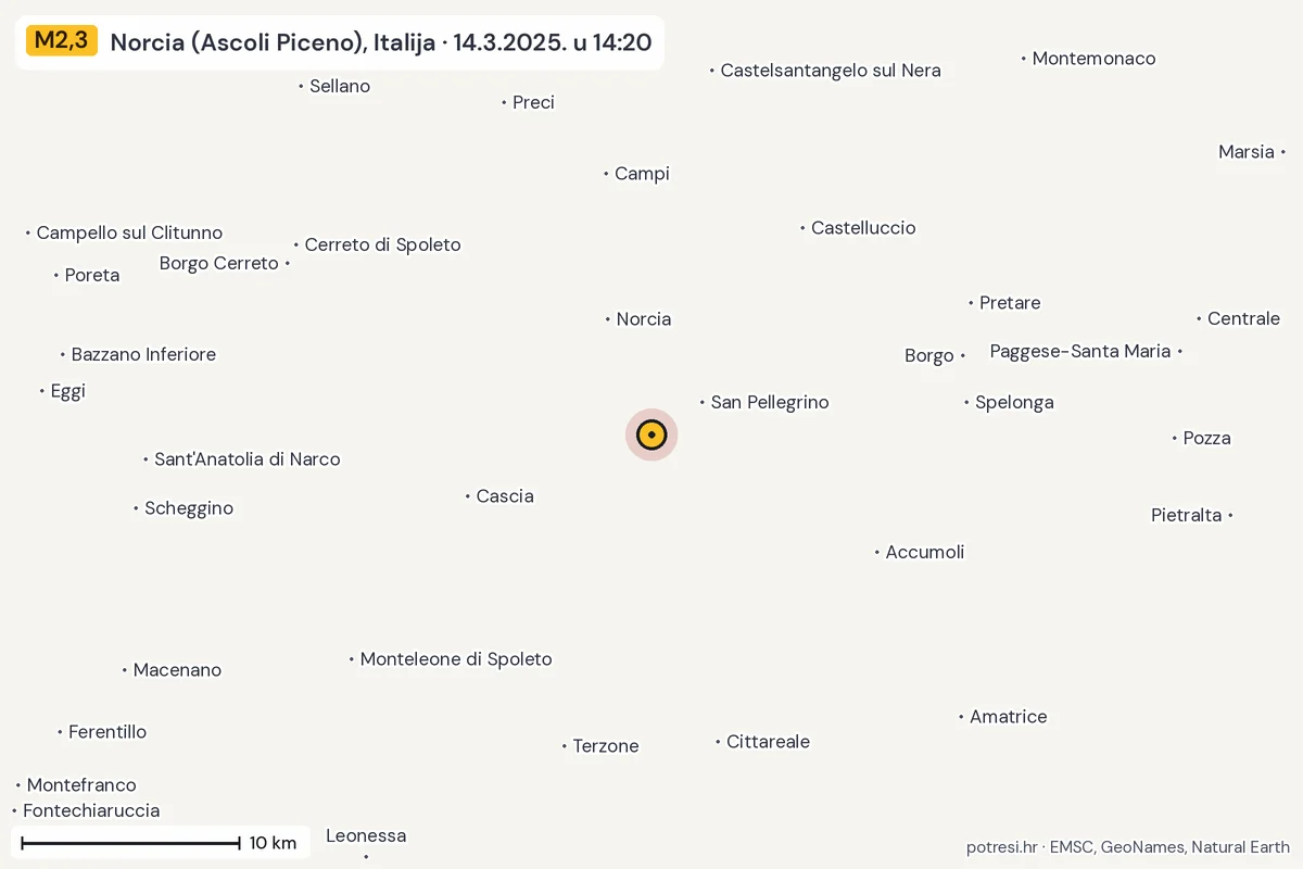 Karta: okolica epicentra, 60 km, potres M2,3, Norcia (Ascoli Piceno), Italija, 14.3.2025.
