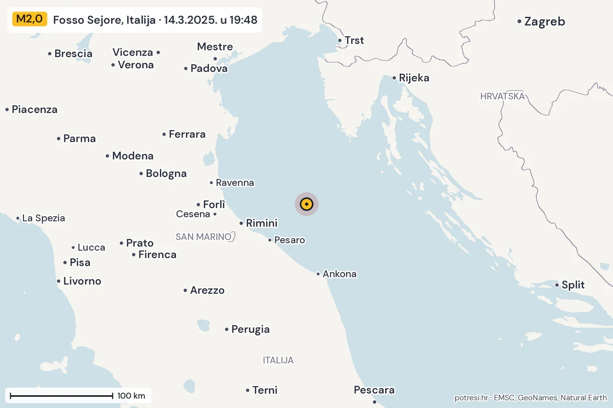Karta: šire područje, 600 km, potres M2,0, Fosso Sejore, Italija, 14.3.2025.