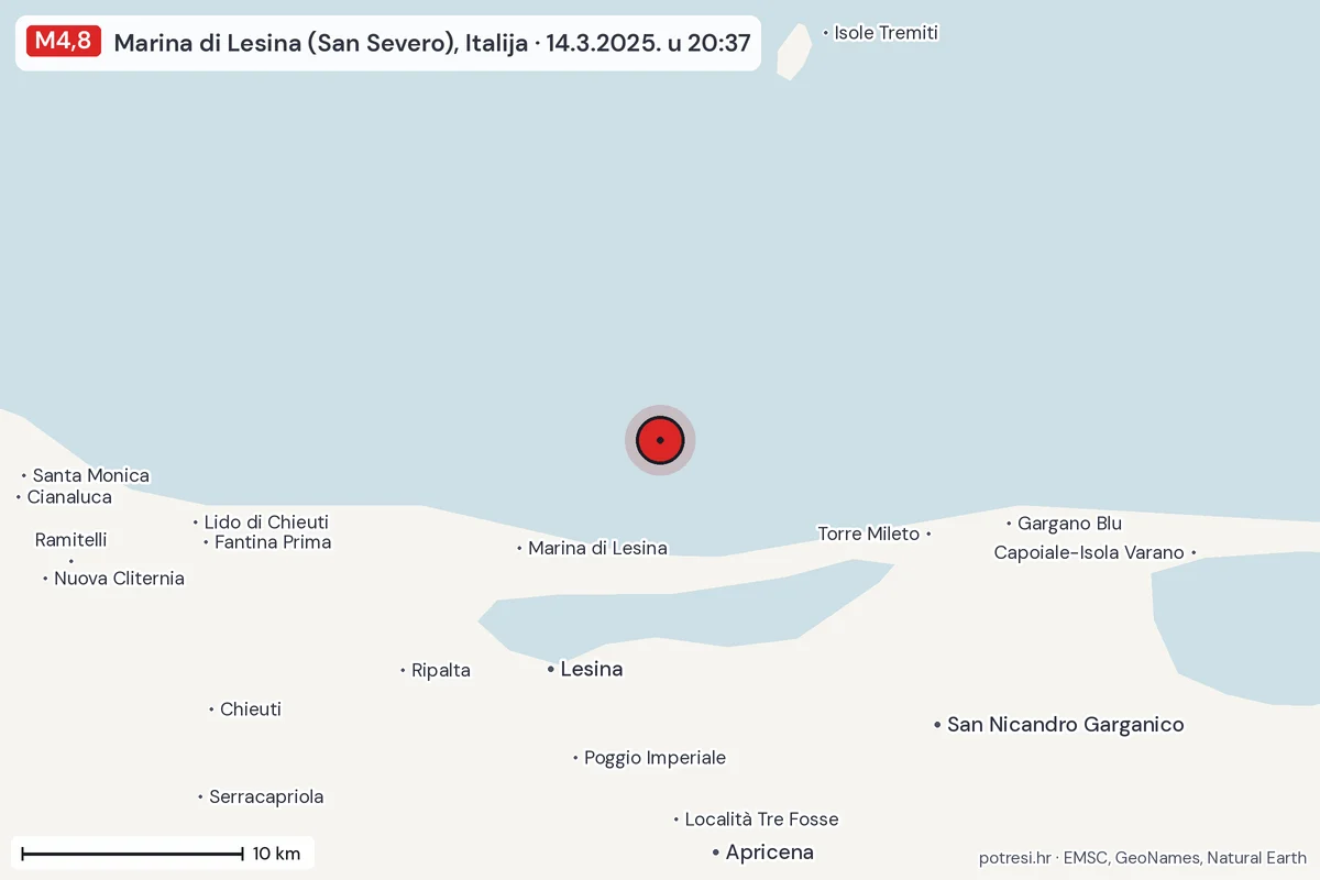 Karta: okolica epicentra, 60 km, potres M4,8, Marina di Lesina (San Severo), Italija, 14.3.2025.