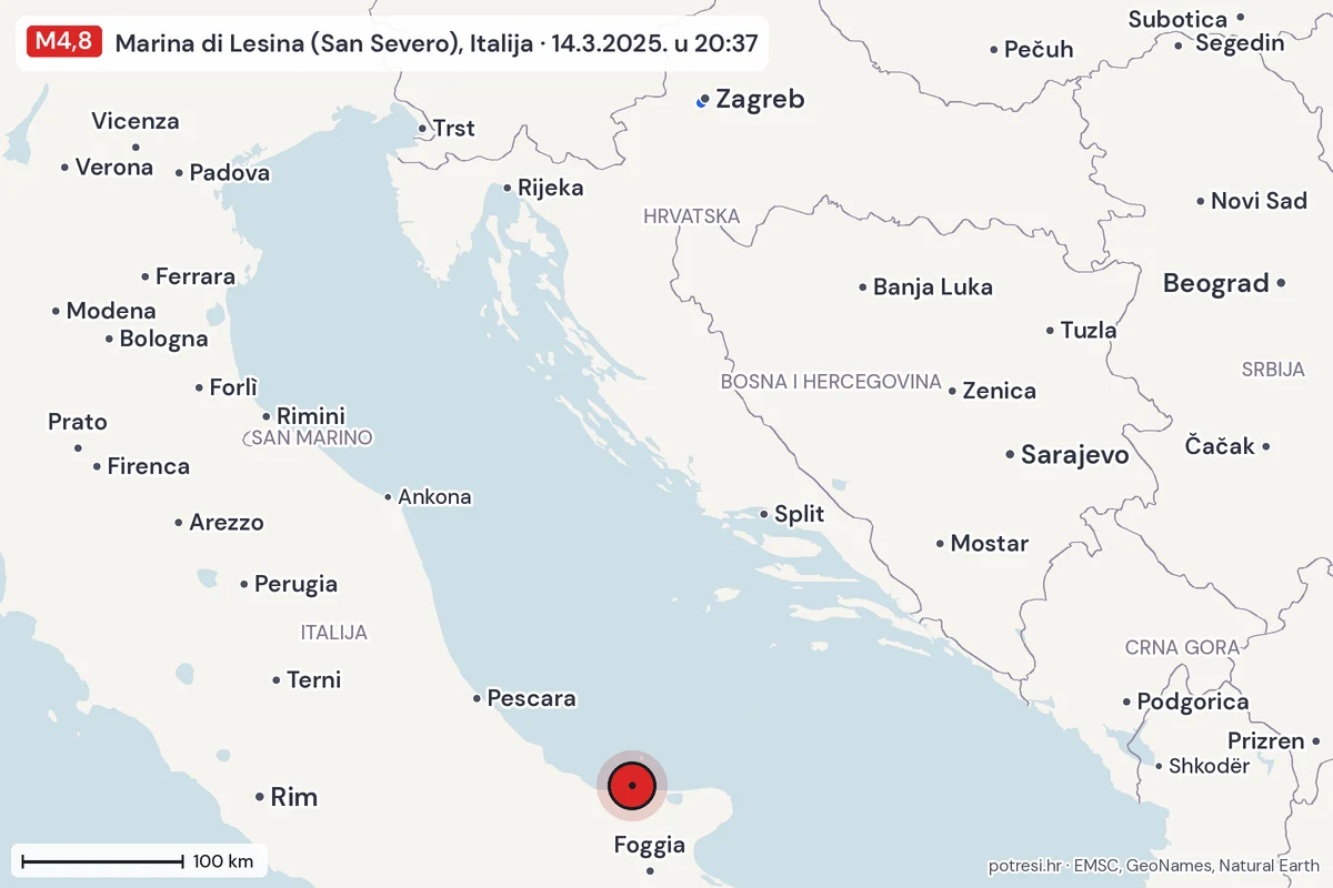 Karta: izvješća građana, potres M4,8, Marina di Lesina (San Severo), Italija, 14.3.2025.