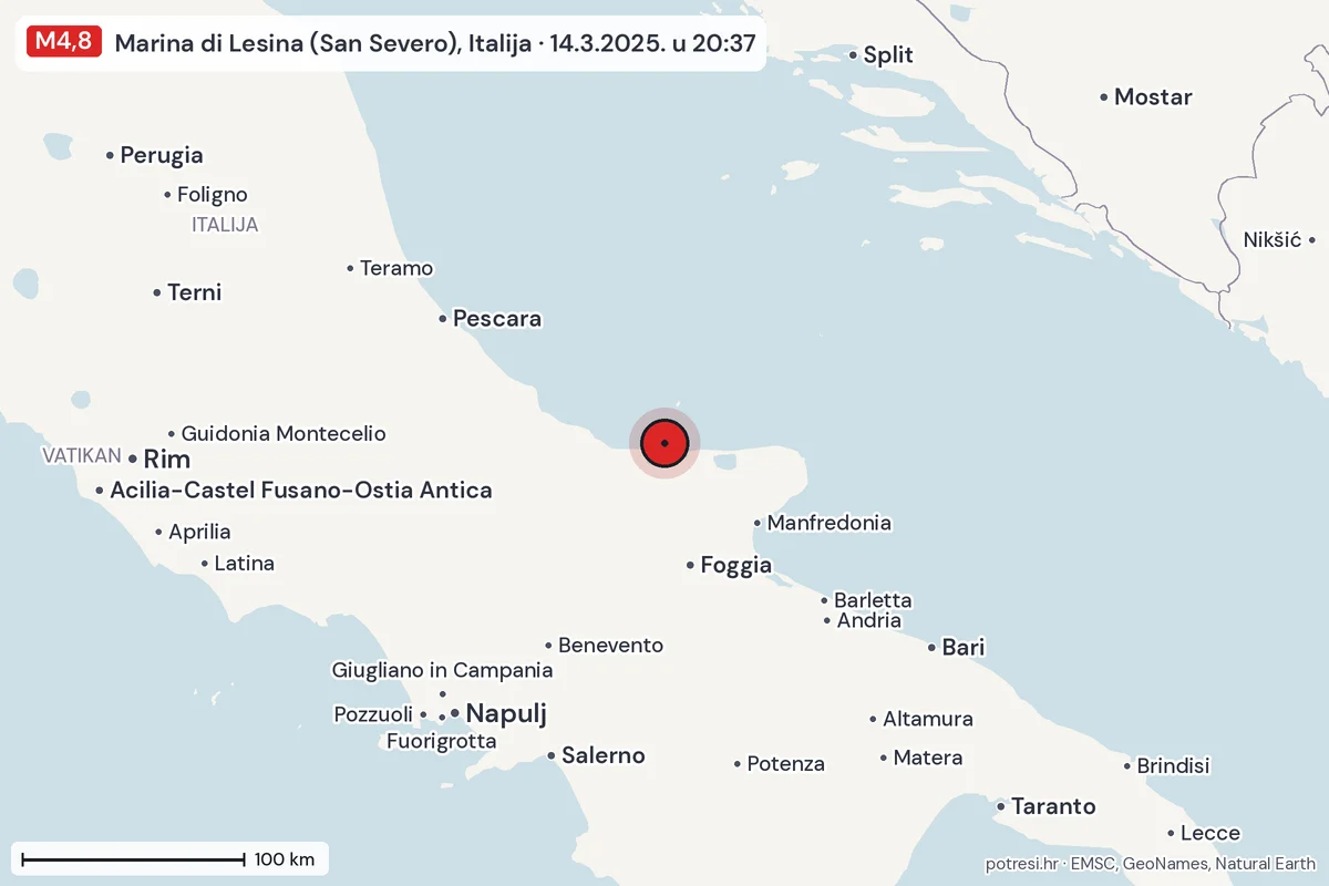 Karta: šire područje, 600 km, potres M4,8, Marina di Lesina (San Severo), Italija, 14.3.2025.
