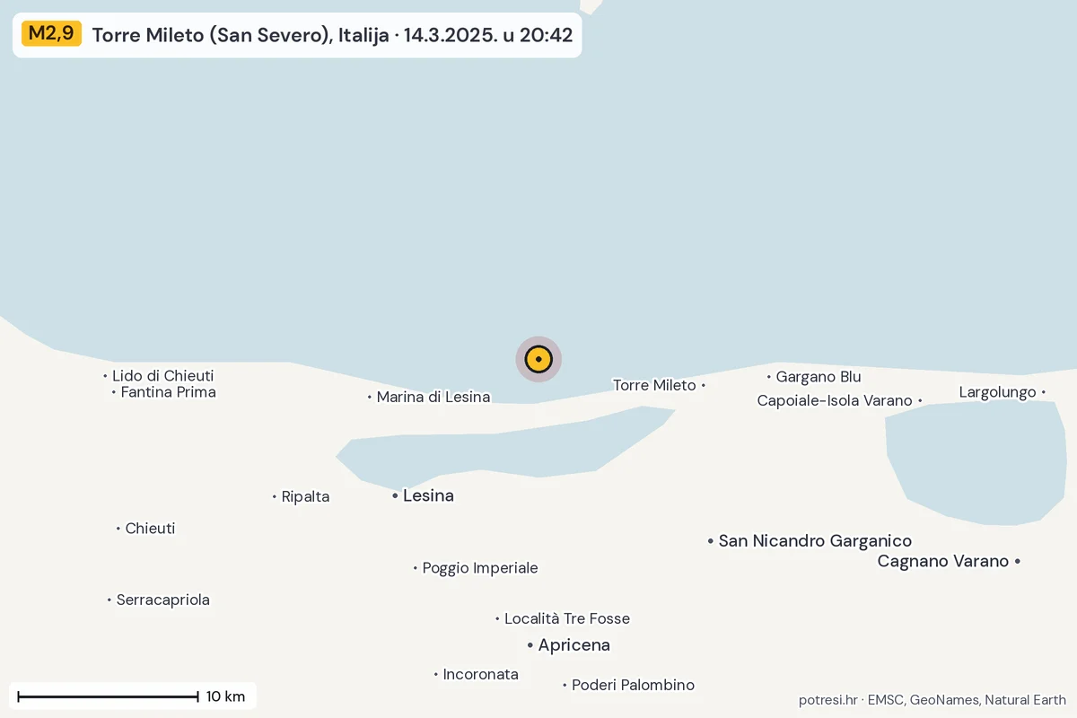Karta: okolica epicentra, 60 km, potres M2,9, Torre Mileto (San Severo), Italija, 14.3.2025.