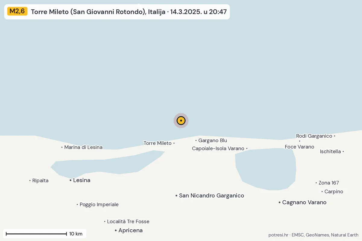 Karta: okolica epicentra, 60 km, potres M2,6, Torre Mileto (San Giovanni Rotondo), Italija, 14.3.2025.