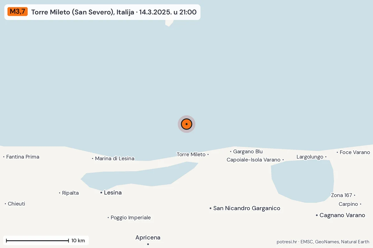 Karta: okolica epicentra, 60 km, potres M3,7, Torre Mileto (San Severo), Italija, 14.3.2025.