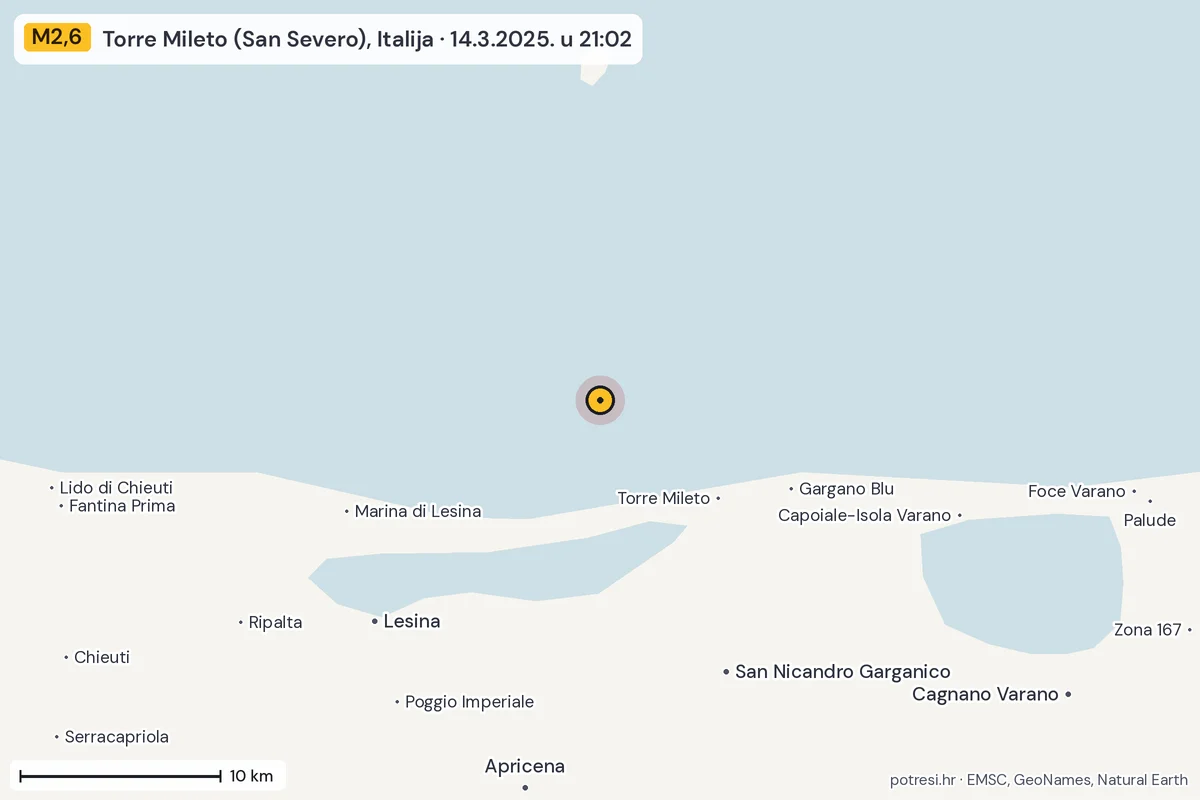 Karta: okolica epicentra, 60 km, potres M2,6, Torre Mileto (San Severo), Italija, 14.3.2025.