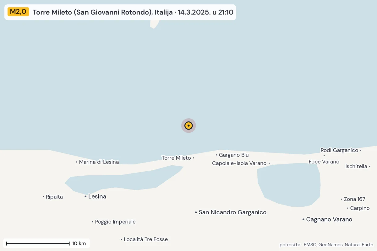 Karta: okolica epicentra, 60 km, potres M2,0, Torre Mileto (San Giovanni Rotondo), Italija, 14.3.2025.