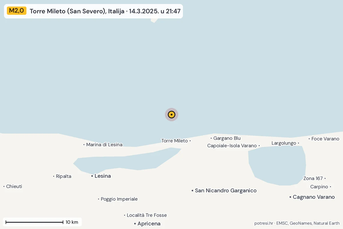 Karta: okolica epicentra, 60 km, potres M2,0, Torre Mileto (San Severo), Italija, 14.3.2025.