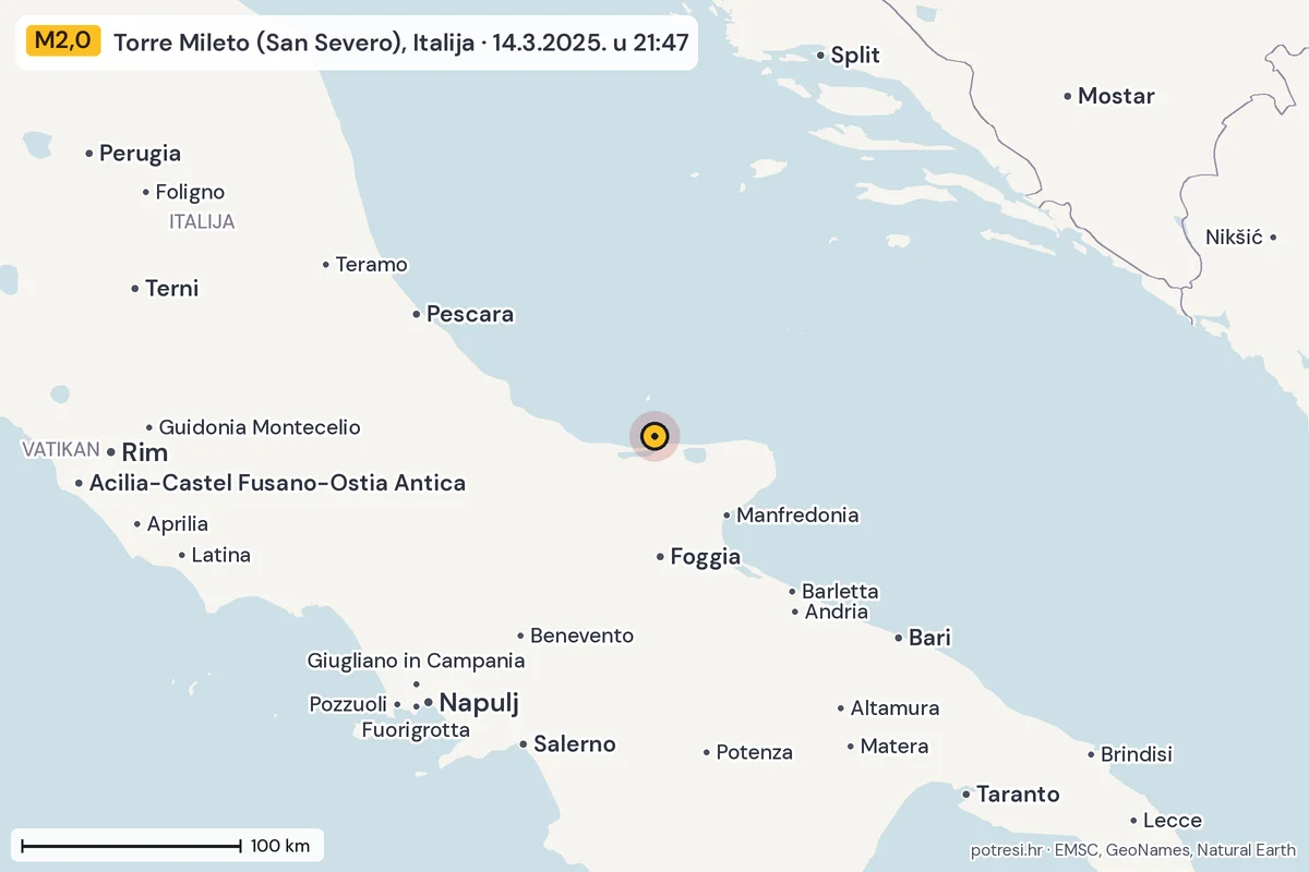 Karta: šire područje, 600 km, potres M2,0, Torre Mileto (San Severo), Italija, 14.3.2025.