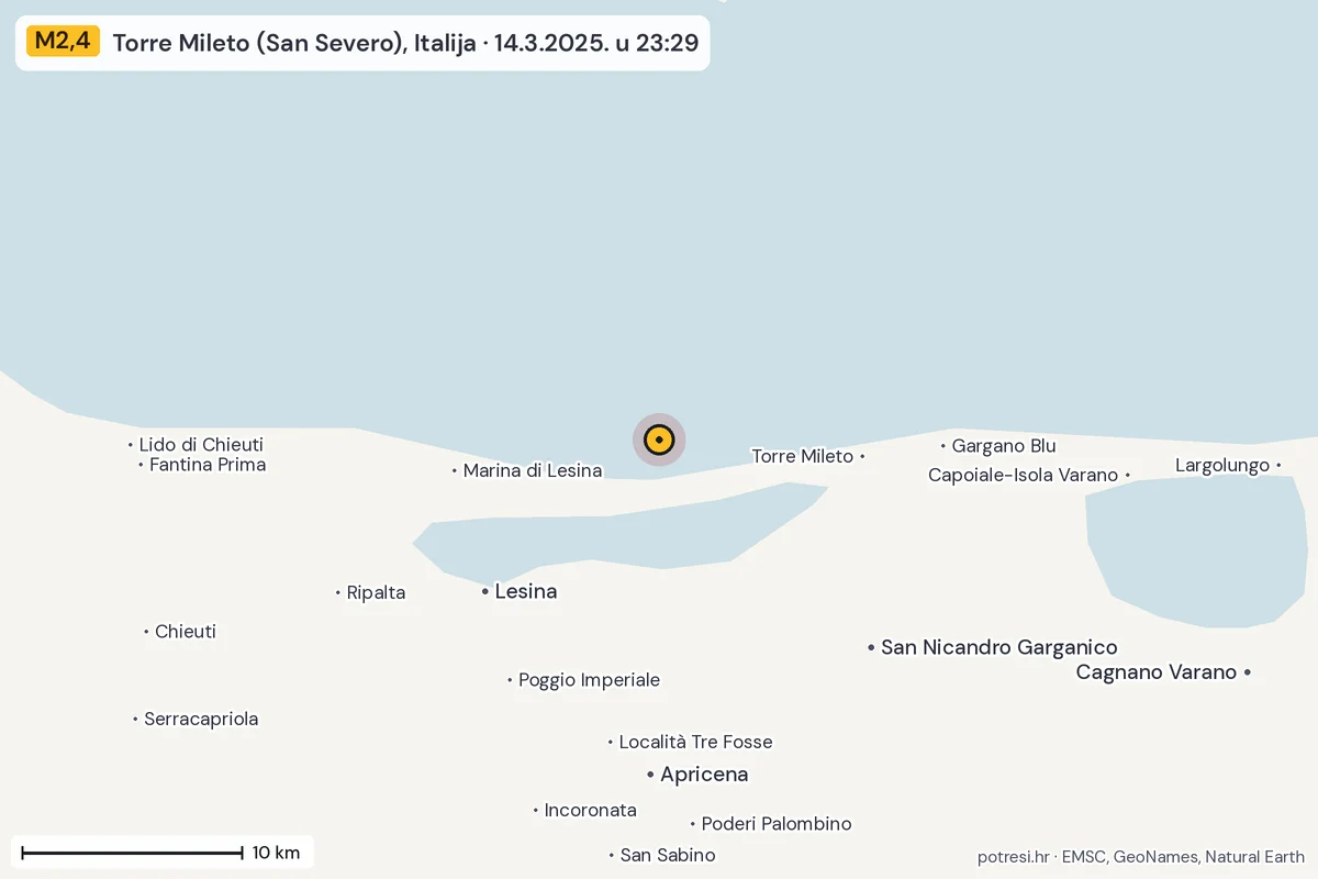 Karta: okolica epicentra, 60 km, potres M2,4, Torre Mileto (San Severo), Italija, 14.3.2025.