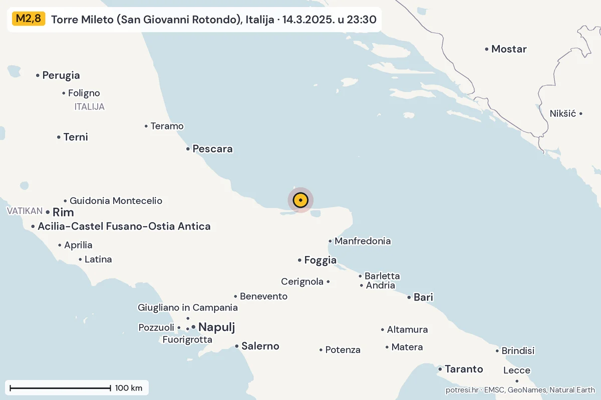 Karta: šire područje, 600 km, potres M2,8, Torre Mileto (San Giovanni Rotondo), Italija, 14.3.2025.