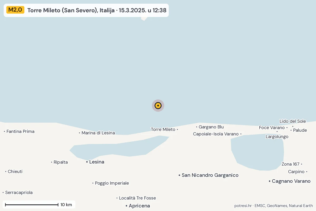 Karta: okolica epicentra, 60 km, potres M2,0, Torre Mileto (San Severo), Italija, 15.3.2025.