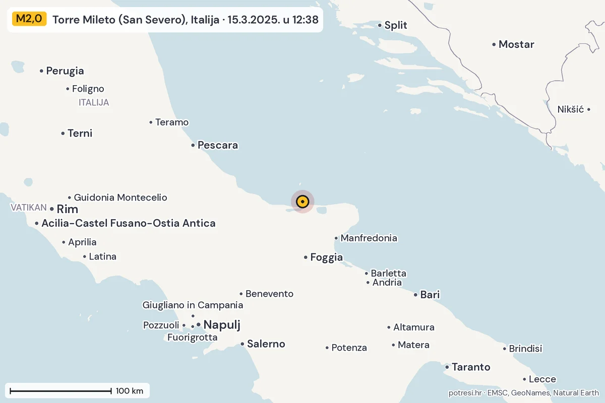 Karta: šire područje, 600 km, potres M2,0, Torre Mileto (San Severo), Italija, 15.3.2025.