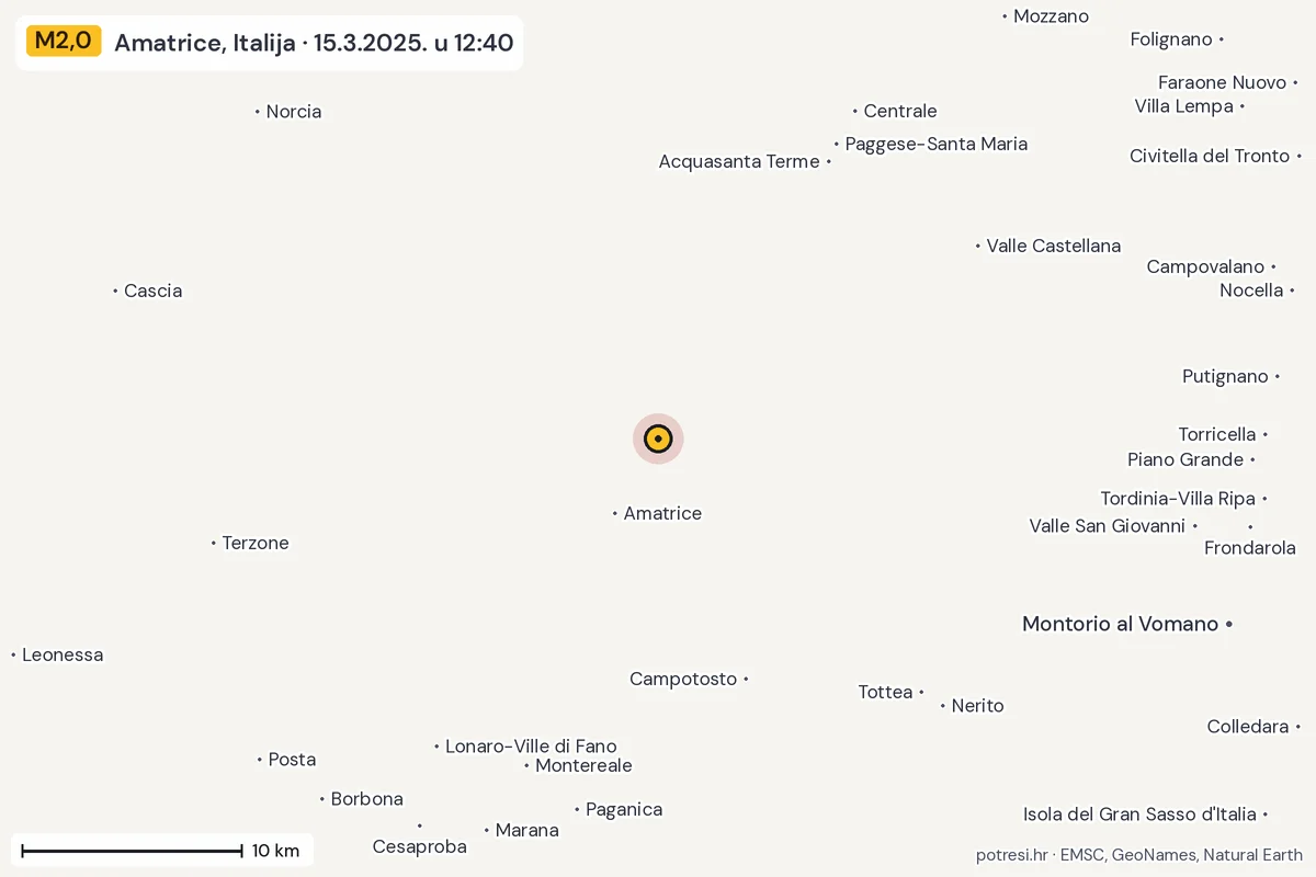 Karta: okolica epicentra, 60 km, potres M2,0, Amatrice, Italija, 15.3.2025.