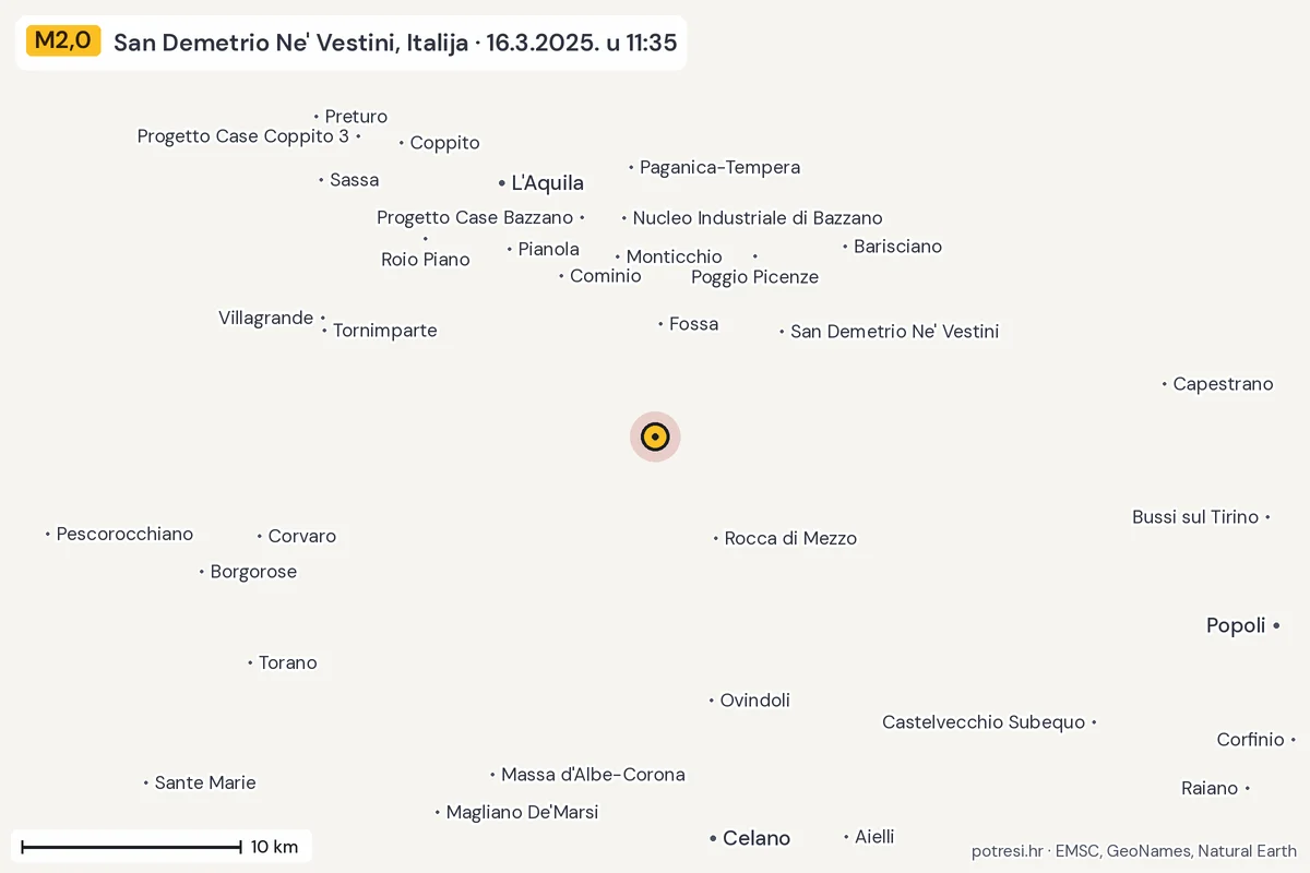 Karta: okolica epicentra, 60 km, potres M2,0, San Demetrio Ne' Vestini, Italija, 16.3.2025.