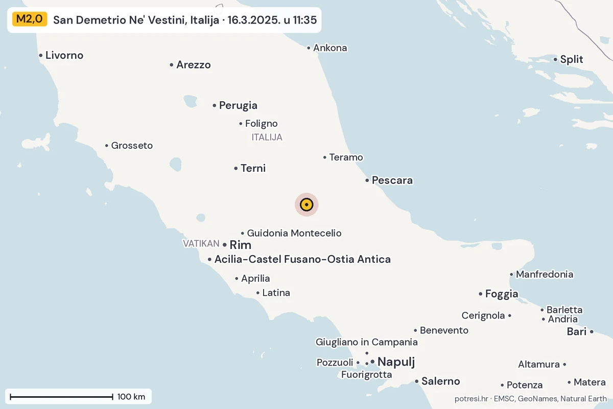 Karta: šire područje, 600 km, potres M2,0, San Demetrio Ne' Vestini, Italija, 16.3.2025.
