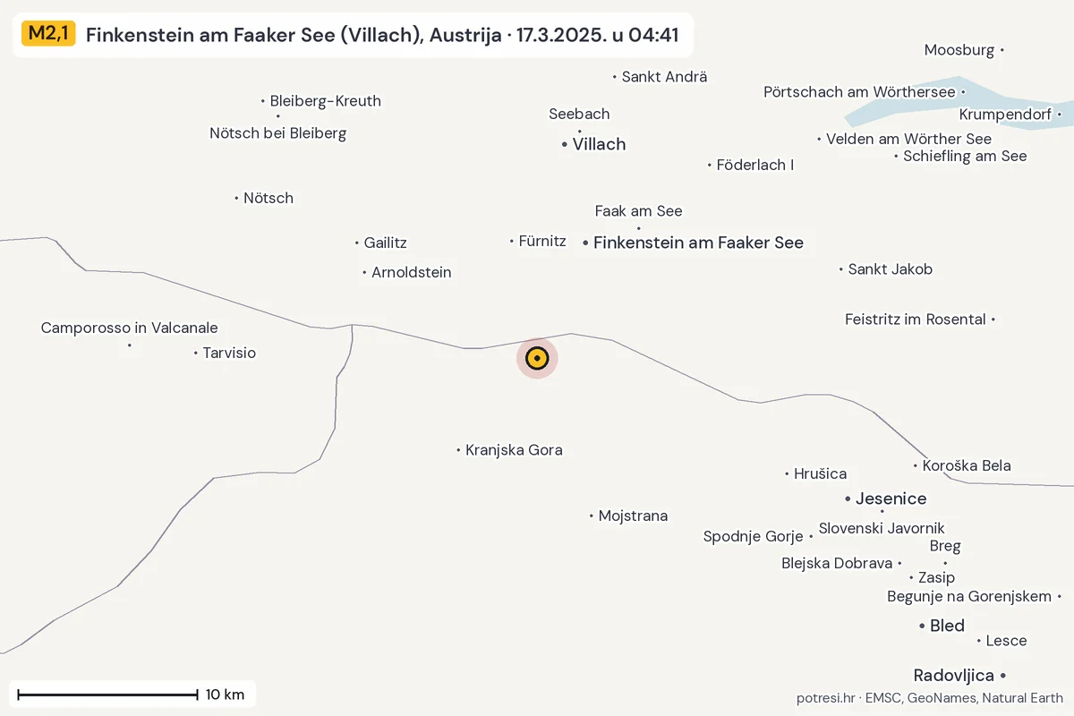 Karta: okolica epicentra, 60 km, potres M2,1, Finkenstein am Faaker See (Villach), Austrija, 17.3.2025.