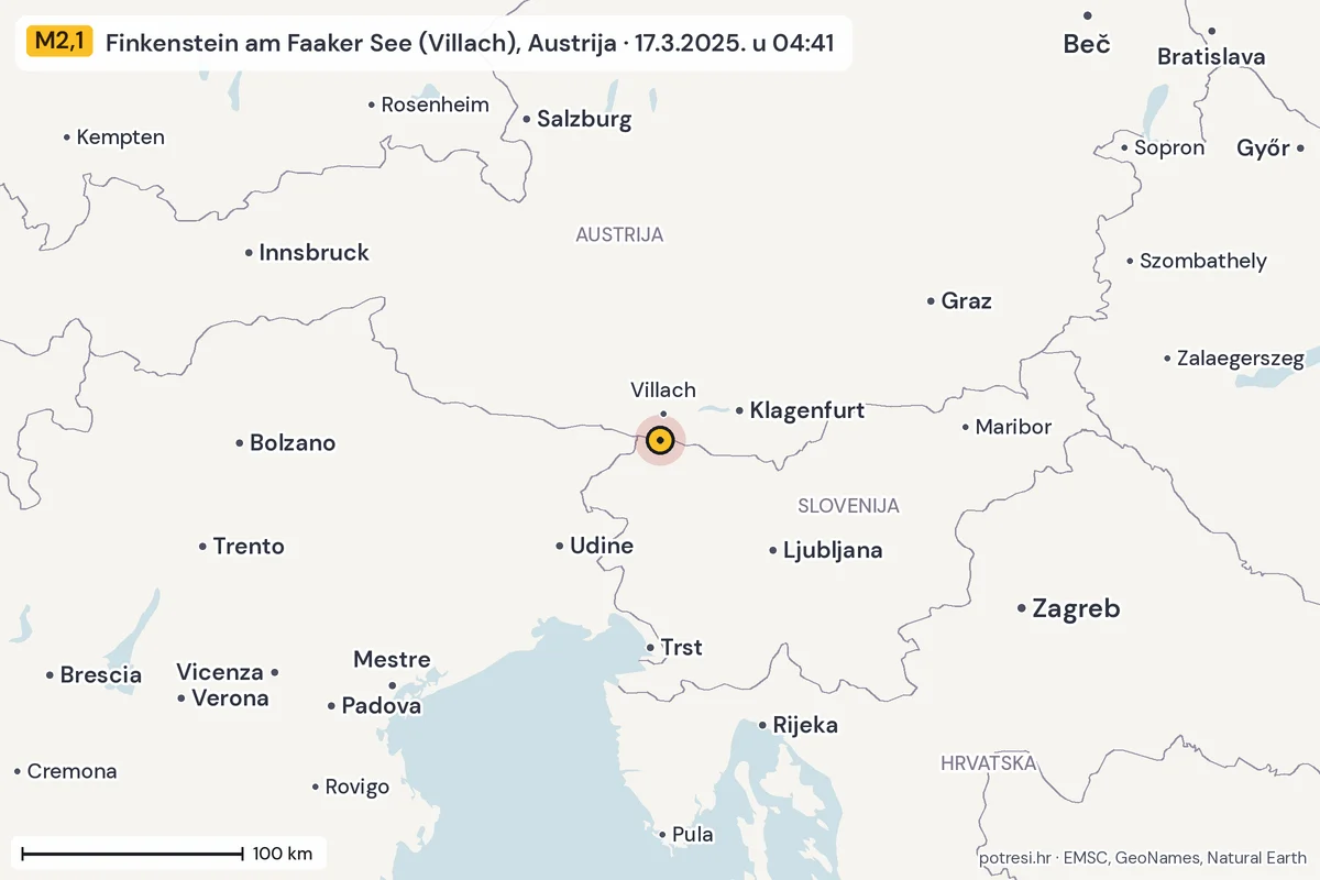Karta: šire područje, 600 km, potres M2,1, Finkenstein am Faaker See (Villach), Austrija, 17.3.2025.