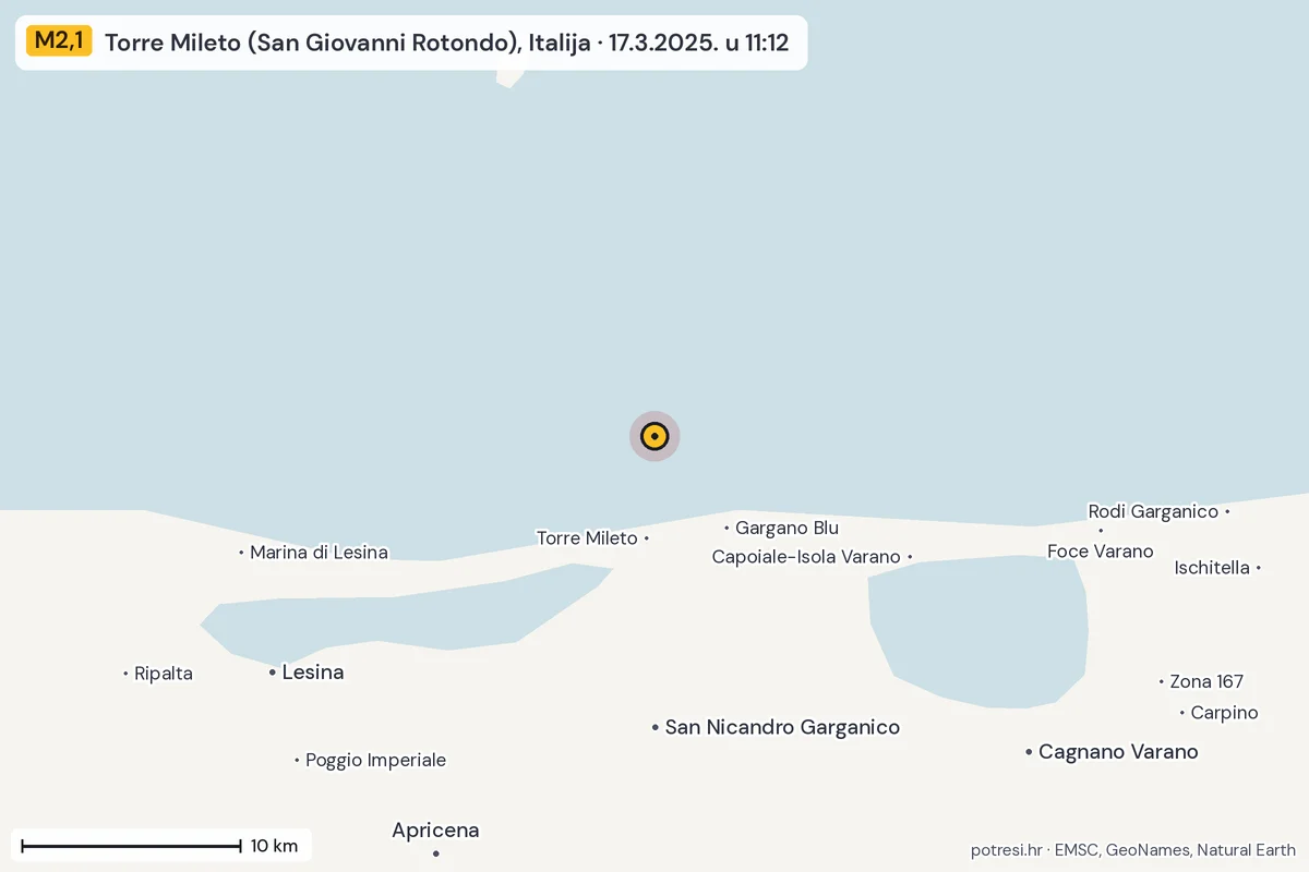Karta: okolica epicentra, 60 km, potres M2,1, Torre Mileto (San Giovanni Rotondo), Italija, 17.3.2025.