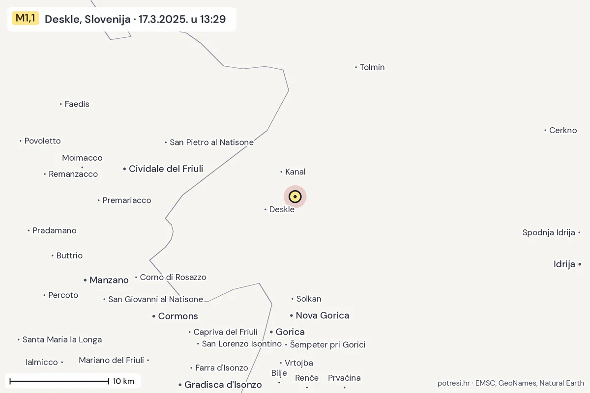 Karta: okolica epicentra, 60 km, potres M1,1, Deskle, Slovenija, 17.3.2025.