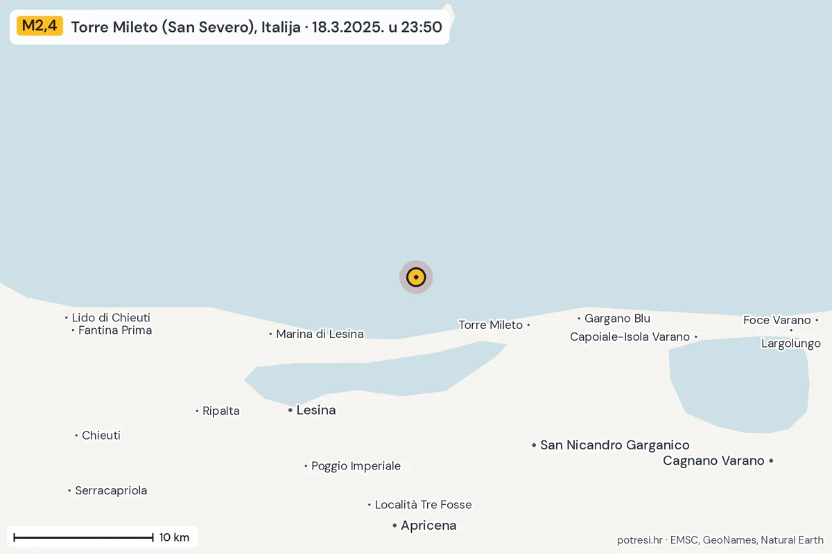 Karta: okolica epicentra, 60 km, potres M2,4, Torre Mileto (San Severo), Italija, 18.3.2025.