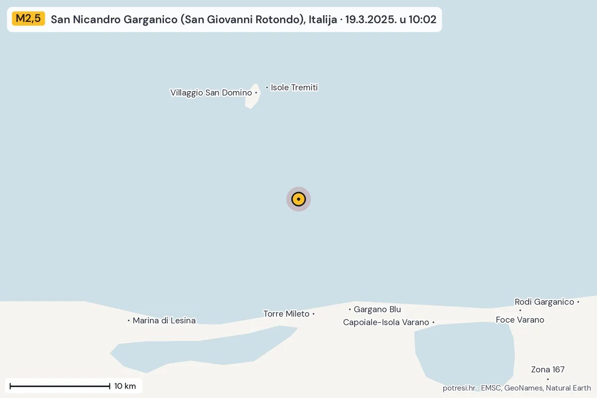 Karta: okolica epicentra, 60 km, potres M2,5, San Nicandro Garganico (San Giovanni Rotondo), Italija, 19.3.2025.