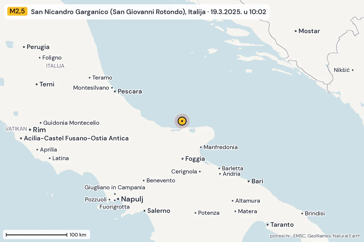 Karta: šire područje, 600 km, potres M2,5, San Nicandro Garganico (San Giovanni Rotondo), Italija, 19.3.2025.