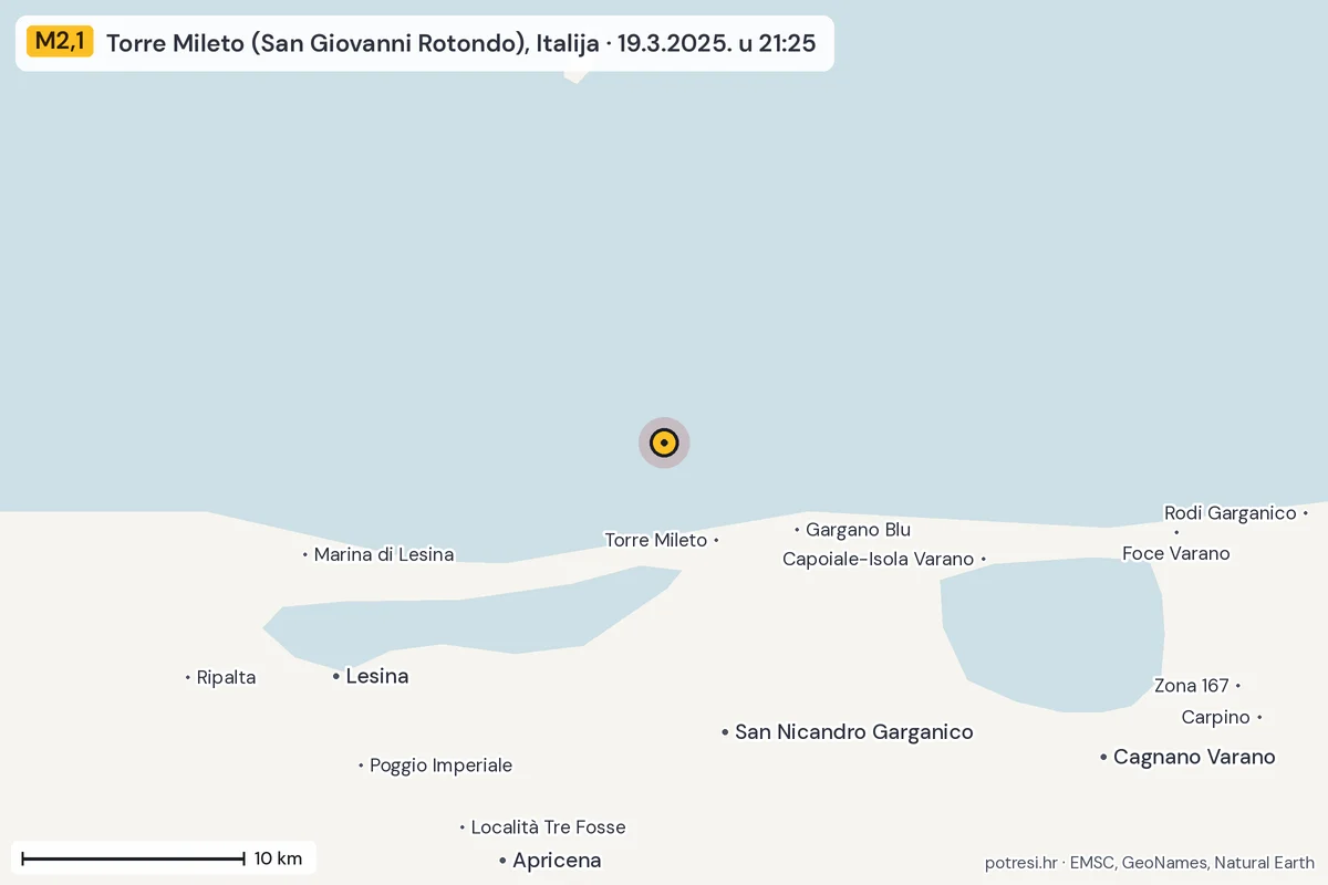 Karta: okolica epicentra, 60 km, potres M2,1, Torre Mileto (San Giovanni Rotondo), Italija, 19.3.2025.