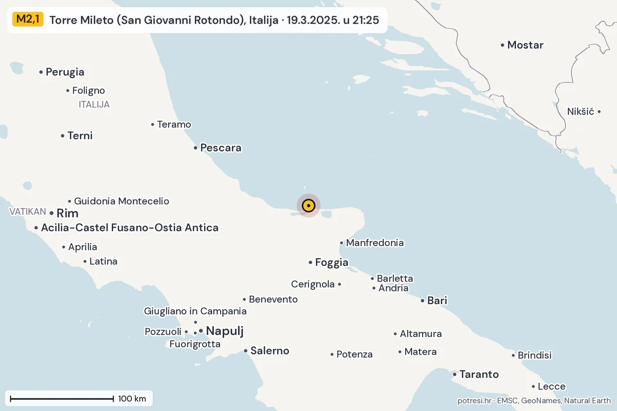 Karta: šire područje, 600 km, potres M2,1, Torre Mileto (San Giovanni Rotondo), Italija, 19.3.2025.