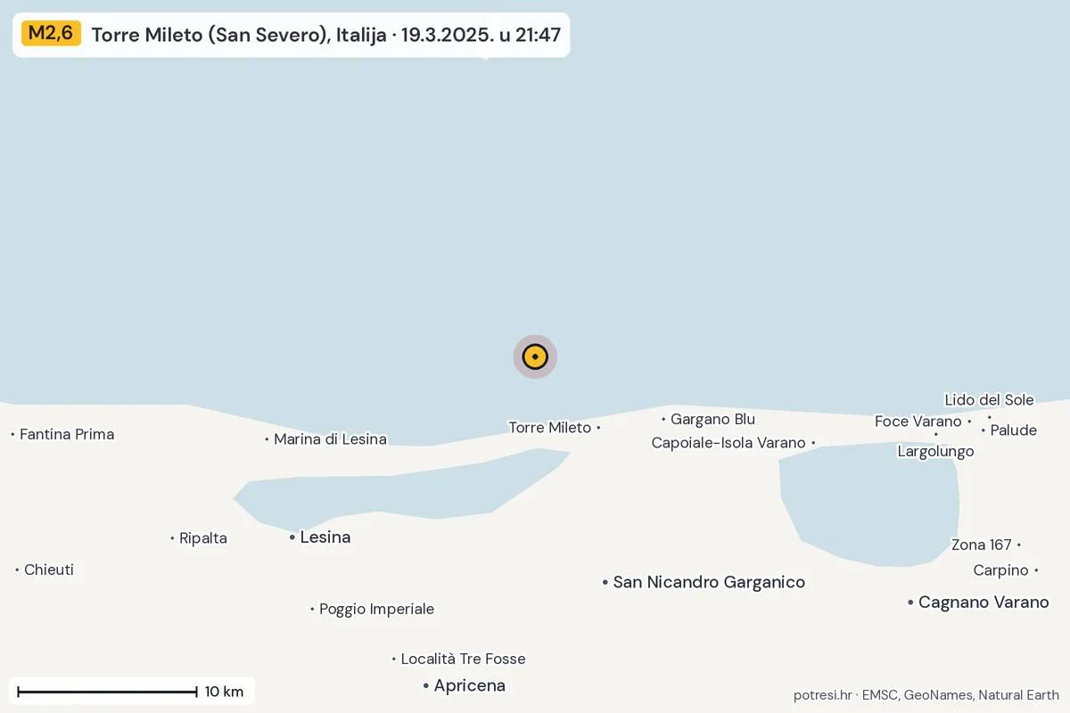 Karta: okolica epicentra, 60 km, potres M2,6, Torre Mileto (San Severo), Italija, 19.3.2025.