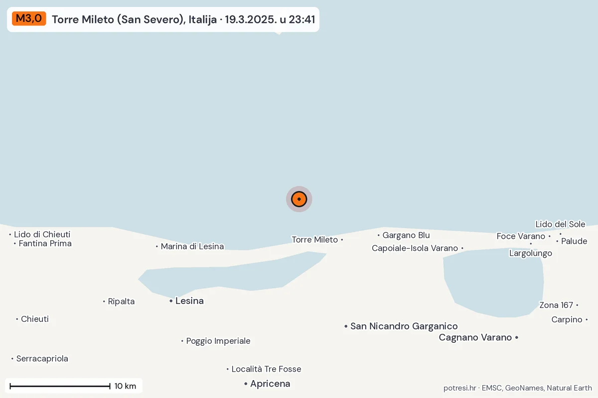 Karta: okolica epicentra, 60 km, potres M3,0, Torre Mileto (San Severo), Italija, 19.3.2025.