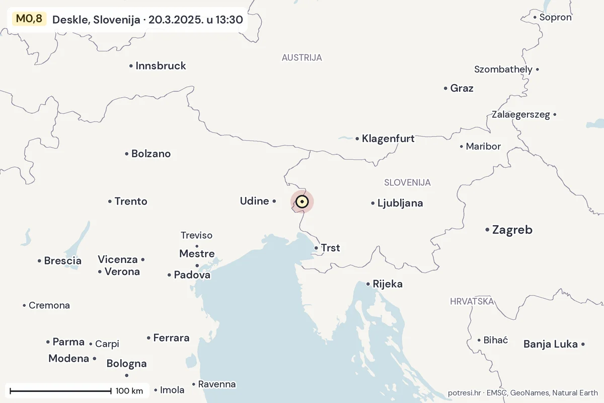 Karta: šire područje, 600 km, potres M0,8, Deskle, Slovenija, 20.3.2025.