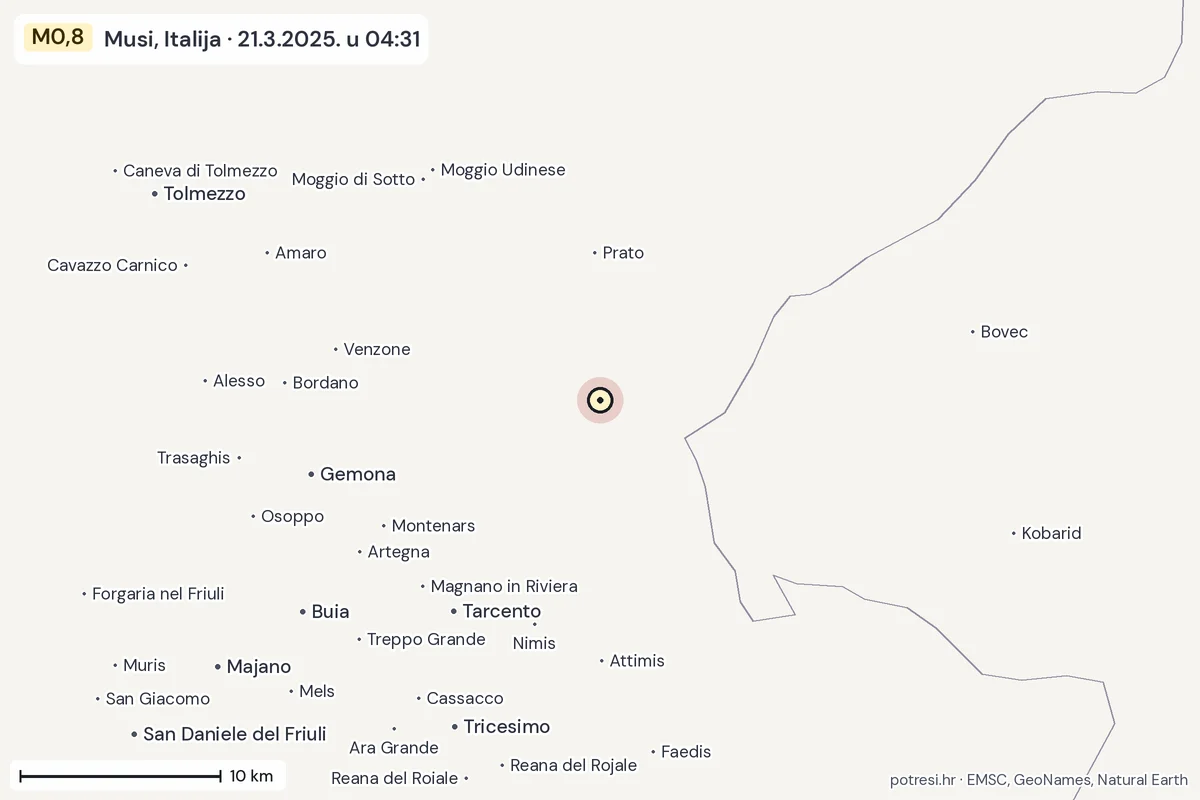 Karta: okolica epicentra, 60 km, potres M0,8, Musi, Italija, 21.3.2025.