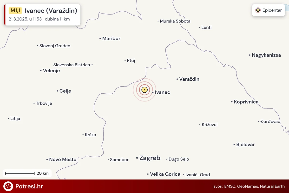 Karta: šire područje i vjerojatni doseg osjeta, potres M1,1, Ivanec (Varaždin), 21.3.2025.