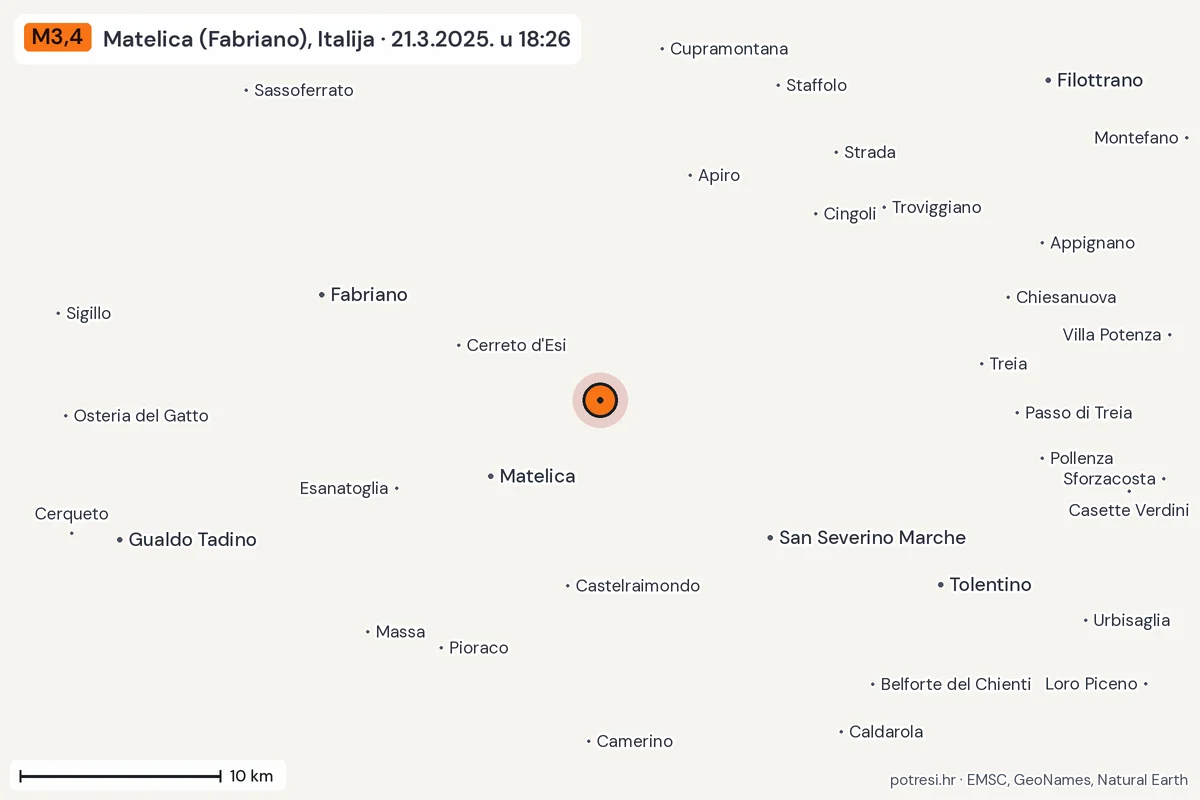 Karta: okolica epicentra, 60 km, potres M3,4, Matelica (Fabriano), Italija, 21.3.2025.