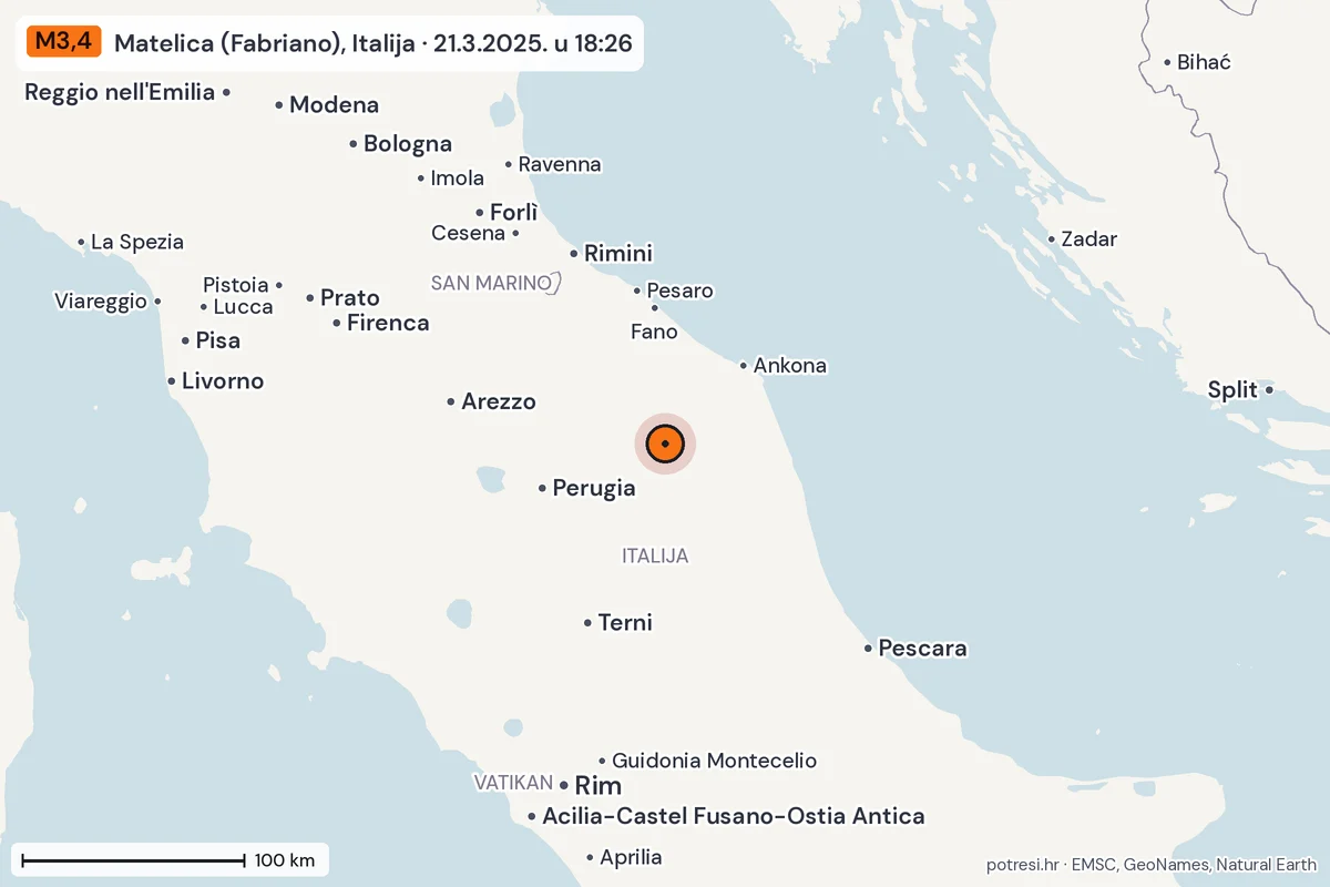 Karta: šire područje, 600 km, potres M3,4, Matelica (Fabriano), Italija, 21.3.2025.