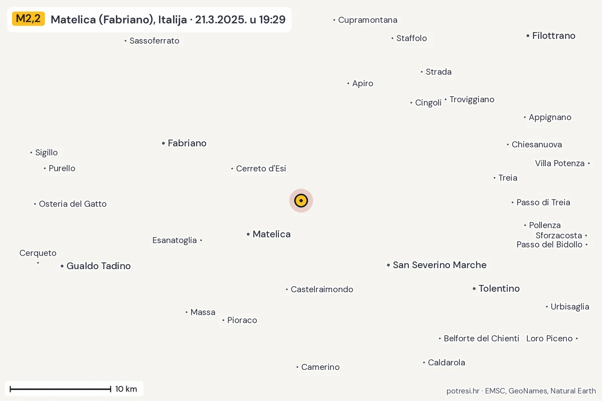 Karta: okolica epicentra, 60 km, potres M2,2, Matelica (Fabriano), Italija, 21.3.2025.