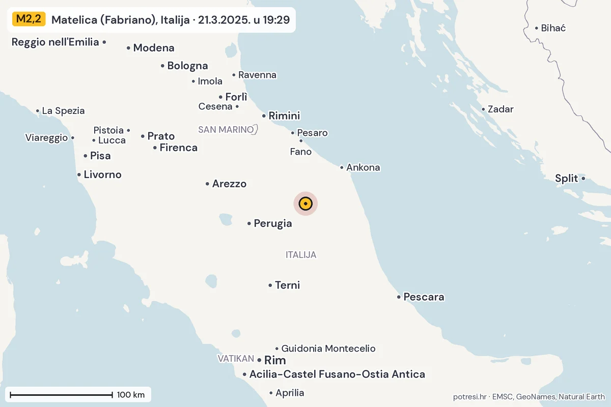 Karta: šire područje, 600 km, potres M2,2, Matelica (Fabriano), Italija, 21.3.2025.